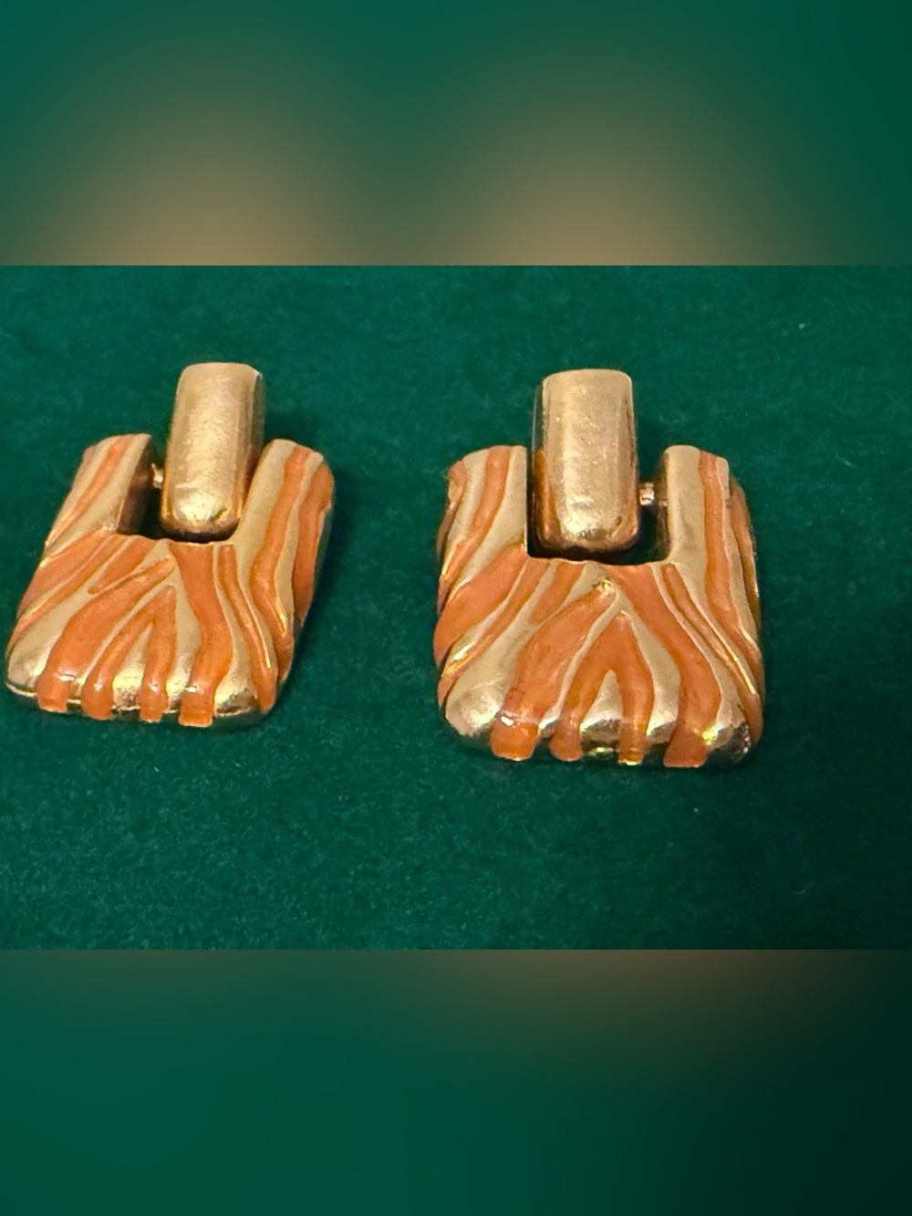 Vintage Gold-Tone and Orange Striped Door Knocker Earrings